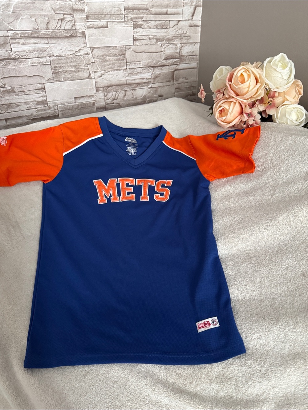 Majestic Kids Mets Royal Blue with Orange Sleeve Jersey